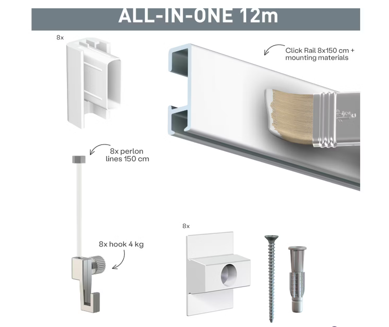 Artiteq Click Rail Foto- en Schilderijophangsysteem - 12 Meter Rails - 8x150 cm - Wit Primer - Inclusief Perlon Draden & Haken - Wandmontage Systeem
