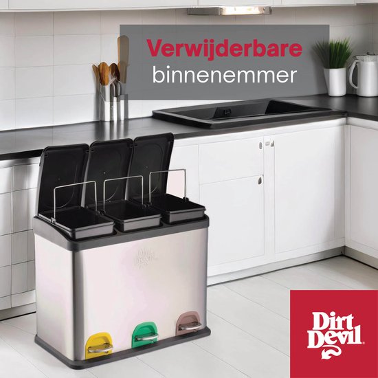 Dirt Devil - Pedaalemmer - 3x 15L - Prullenbak Afvalscheiding - RVS - Zilver