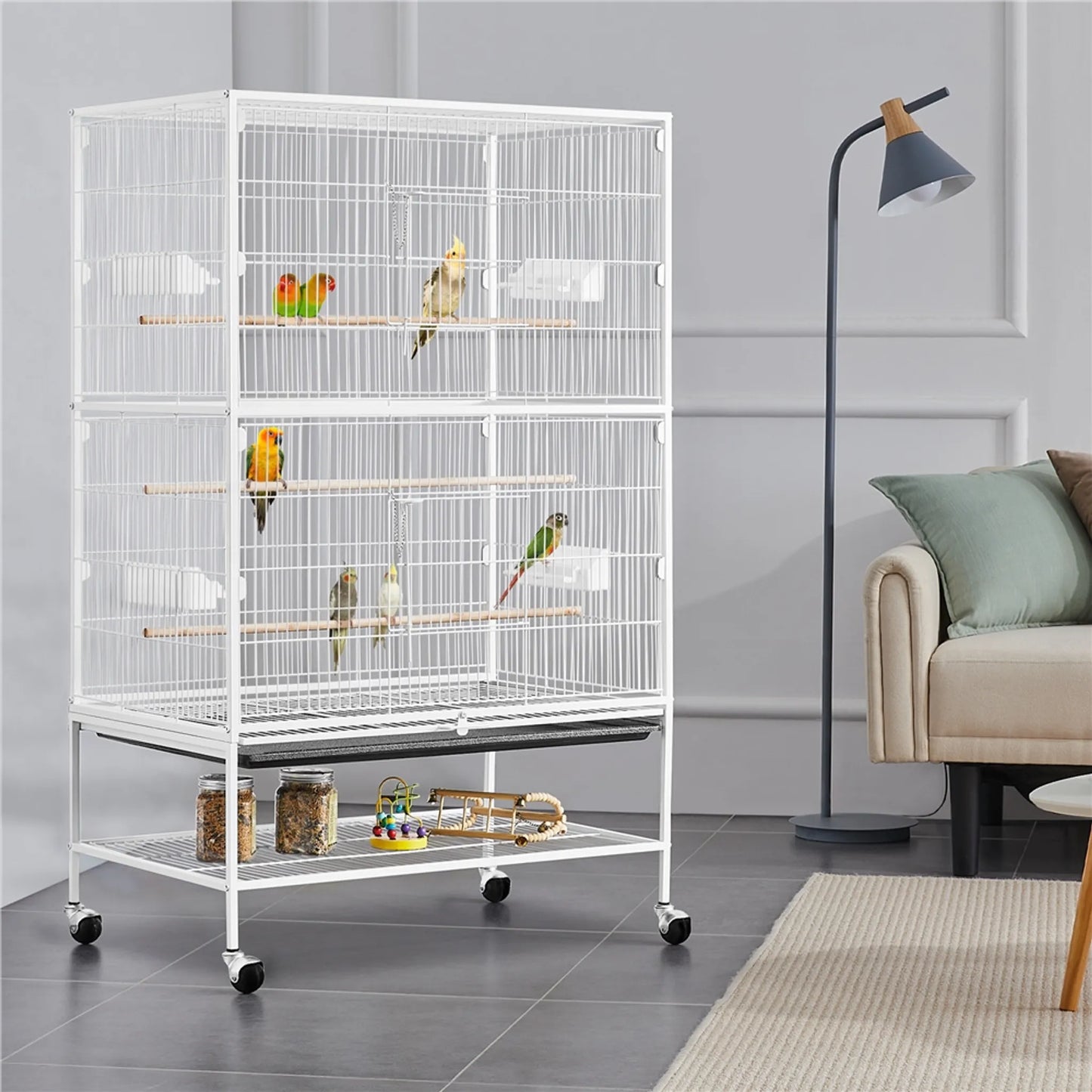 Yaheetech XXL Vogelkooi Met 360° Draaibare Wielen – Voorzien Van Onderste Opbergplank En Drie Zitstokken En Beveiligd Slot – Voor Papegaaien En Kaketoes – Wit Metaal – 79 x 52 x 132 cm