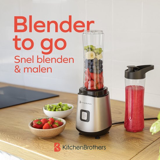 KitchenBrothers Mini Blender - Blender to Go - Smoothie Maker - 2 To-Go Bekers 600 ml - RVS