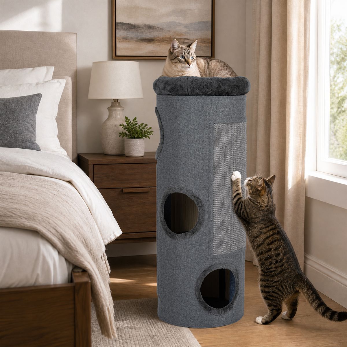Coast Vierlaags Kattenhuis - tonvormig kattenmeubel - met sisal krabplank en pluchen bed - donkergrijs 43 x 43 x 113 cm