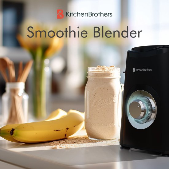 KitchenBrothers Smoothieblender – Incl. 4 Bekers & 2 Mesjes – 350 W – 14 x 14 x 30 cm – Zwart