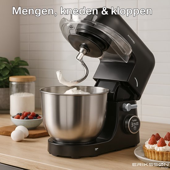 Erikssøn Kitchen Keukenmachine - 8 Snelheidsstanden Met Timer - 5L Mixer met Mengkom - 1400W - Zwart