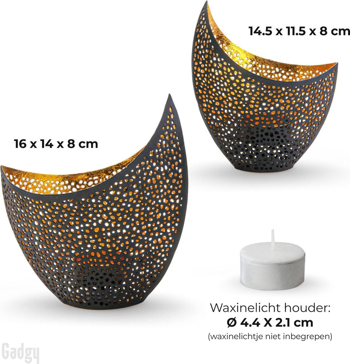 Gadgy Waxinelichthouder Oosters – Set van 2 - 16 en 14.5cm - Theelichthouders - Zwart /Goud - Metaal