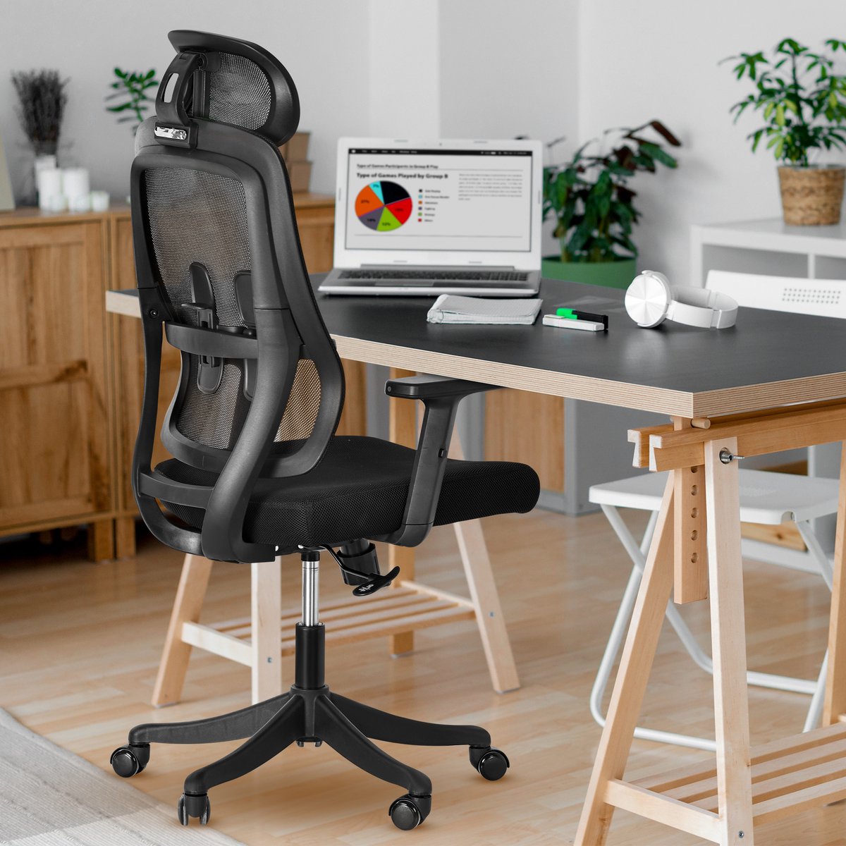 Bayt Ergonomische bureaustoel - Mesh met hoofdsteun en lendensteun - Zwart - 64 x 59 x 121-131 cm