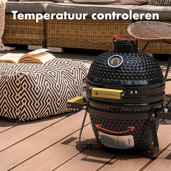 KitchenBrothers Kamado BBQ– Incl. Accessoires & Pizzasteen – 50 x 38,5 x 47 cm – Zwart