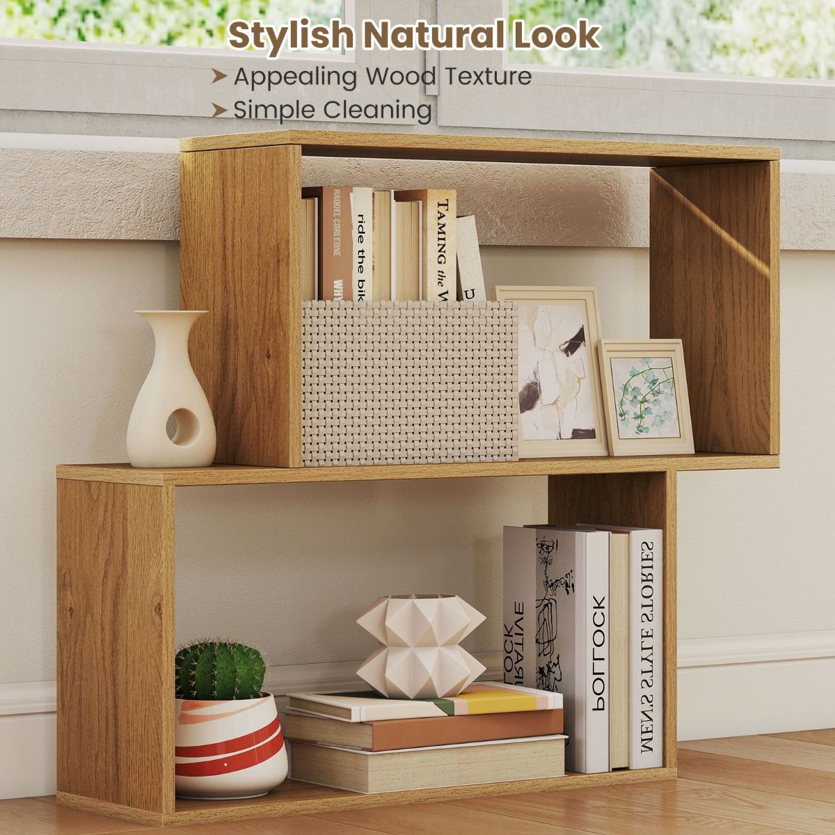 Coast Boekenrek - 3-laags geometrisch ontwerp - 2 kubusvormige vakken - naturel hout
