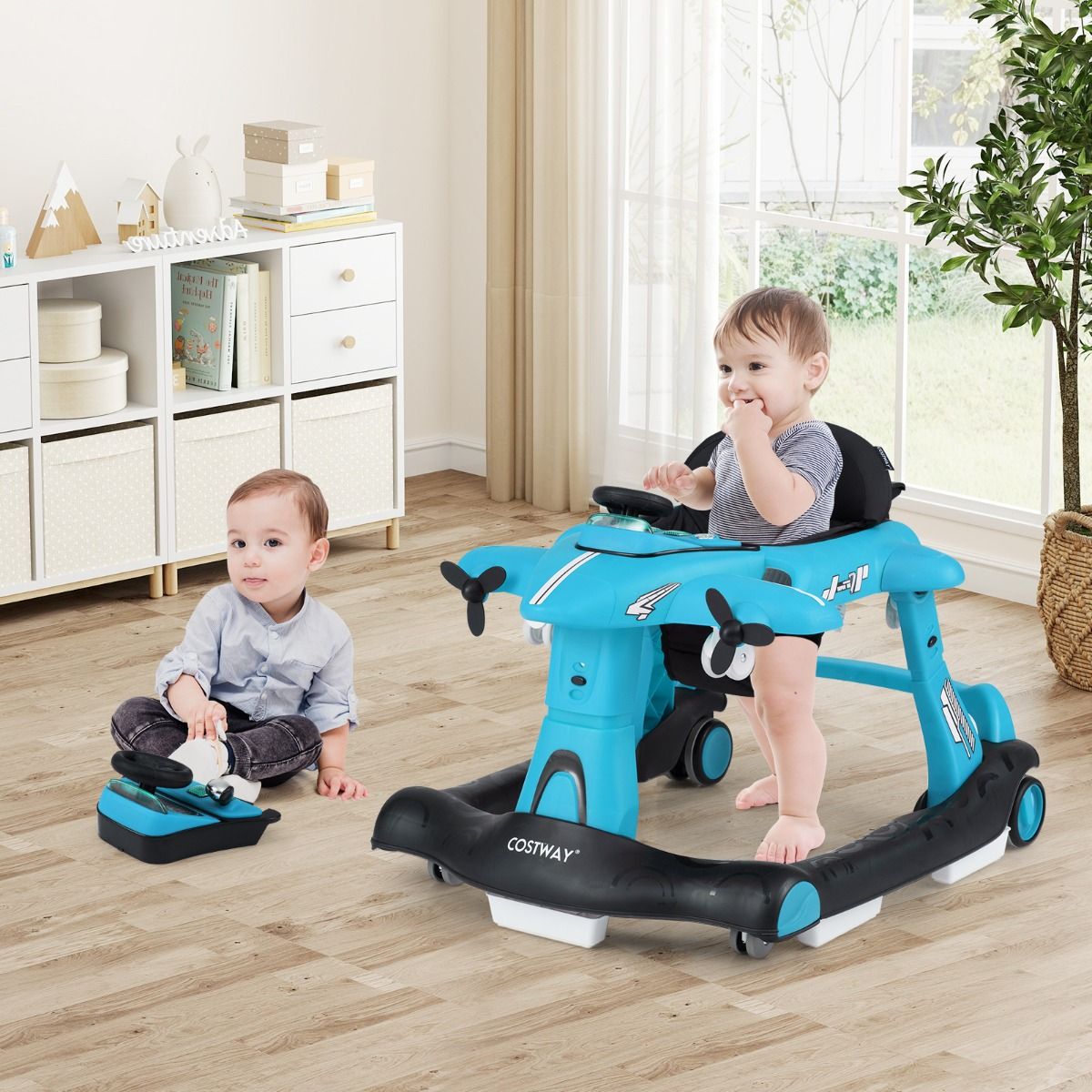 Coast Opvouwbare Babyloopstoel - 6-in-1 Vliegtuigontwerp - Verstelbare Hoogte - Blauw/Rood