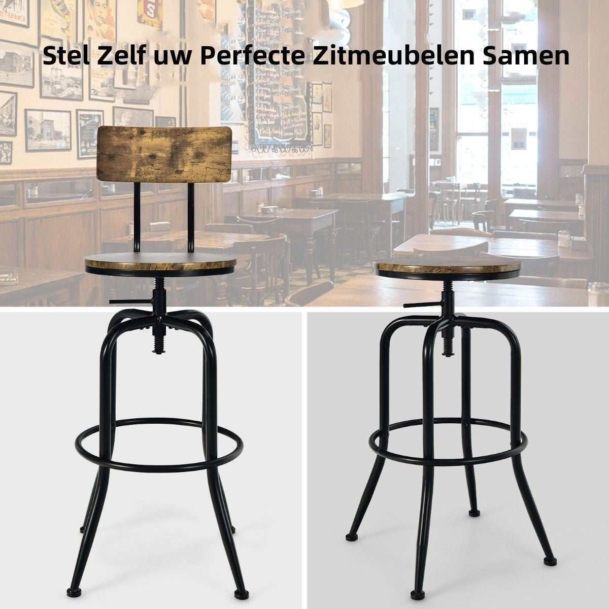 Coast Barstoel set van 2 - Industrieel - Draaibaar - Max. 150 kg - 54 x 54 x 106 cm - Bruin