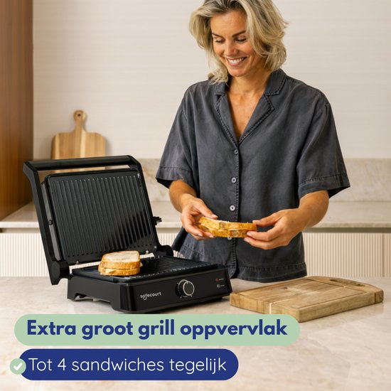 Safecourt Kitchen Tosti apparaat – Paninigrill en Tosti ijzer – Uitneembare PFAS-vrije platen & vaatwasserbestendig – Groot grilloppervlak – Snel warm – Contactgrill - Zwart