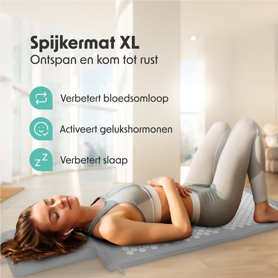 LifeGoods Acupressuur Mat XL - met Kussen - Shakti mat - Spijkermat Incl. 2x Triggerpoint Bal - 128x48x2cm - Grijs/Wit