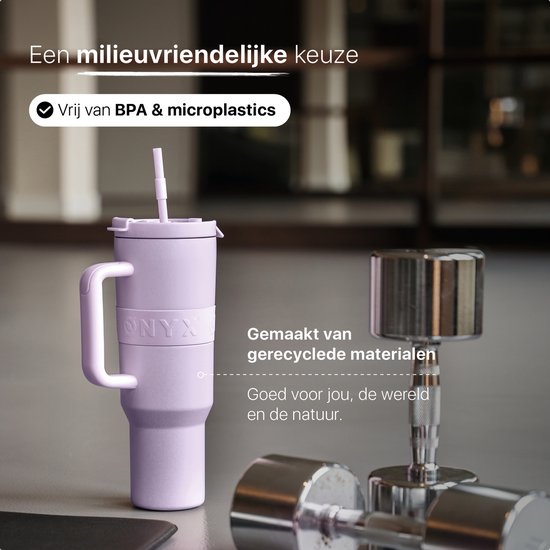 ONYX Drinkfles met Rietje 1.2 Liter - Waterfles voor Kinderen & Volwassenen - Thermosbeker RVS Travel Mug - Motiverende Drinkbus - Drinkbeker voor School - Pastel Purple
