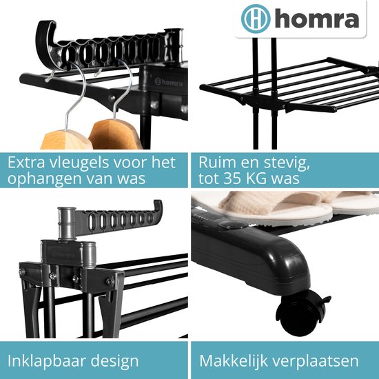 Homra Inklapbaar Wasrek - met Wieltjes - 45m Droogruimte - 77x50x170 CM - Zwart