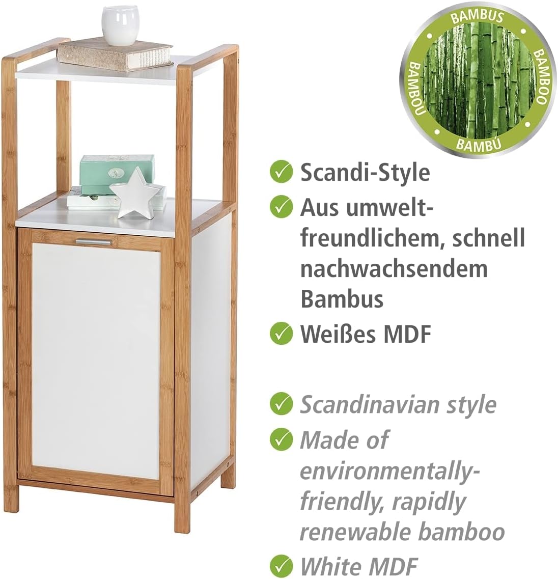 Wenko Finja Wasmand met Rek – Bamboe/Wit – 40 x 95 x 30 cm