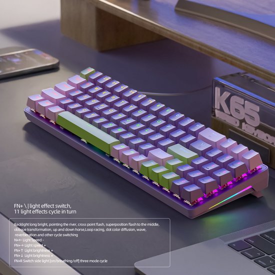 FREEWOLF K65 Mechanisch Gaming Toetsenbord - Side RGB-verlichting - 78 toetsen - Mini NumPad - Rode Schakelaar - Blueberry