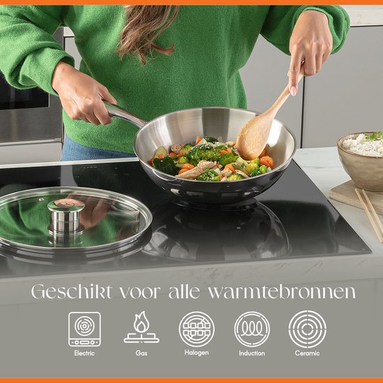 ELLE Gourmet Classique RVS Wokpan met Deksel - Ø 28 cm - PFAS vrij - Inductie