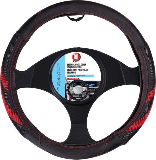 All Ride Stuurhoes Auto 38CM - Geschikt voor Stuurwielen 37-39CM - Comfortabele Grip - Anti-Slip - Auto Decoratie - Kunstleer - Zwart/Rood