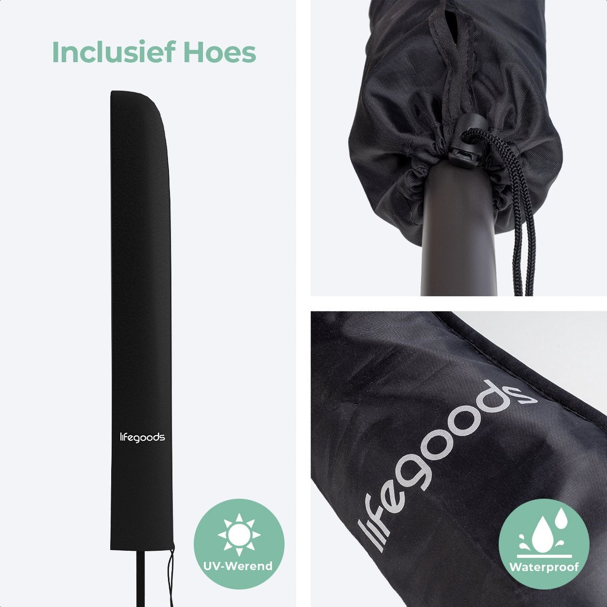 LifeGoods Parasol Vierkant – Incl. Hoes – 30° Kantelbaar – Donkergrijs – Verstelbaar tot 235 cm  - Zonder hoes Zwart