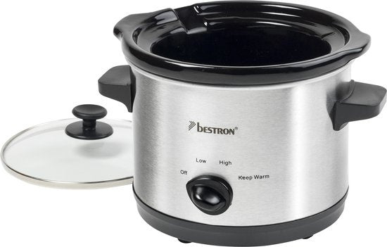 Bestron Slowcooker, met 3 programma's, keramische pan & glazen deksel, voor 2 Personen, 1,5L capaciteit, vatwasserveilig, 120 Watt, kleur: zilver
