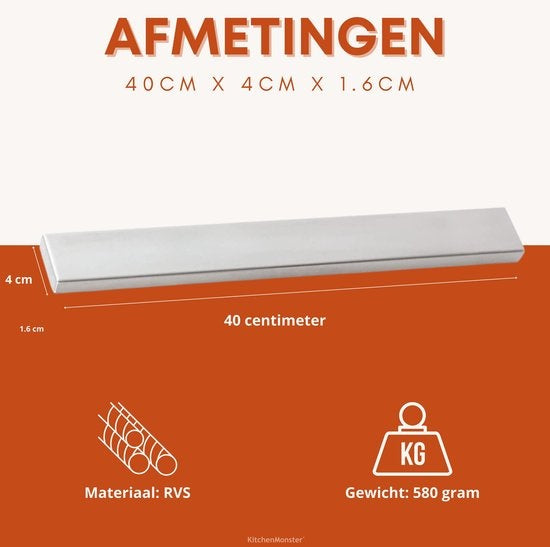 KitchenMonster® Messenmagneet Messenblok 40 cm - Magnetische Messenhouder Inclusief Zelfklevend Tape (3M) en Schroefbevestiging - Messenmagneetstrip RVS
