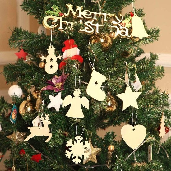 Giftmas Houten Kerstballen – Kerstversiering voor Binnen – Kerstbal van Hout – Kerst – 10 Vormen - ⌀7,5cm – 50 Stuks