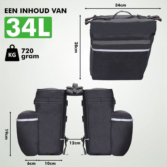Travelhawk Fietstas - Fietstas Dubbel - Waterdicht Materiaal - 34L - Zwart – 600D Polyester - Fietstassen elektrische fietsen