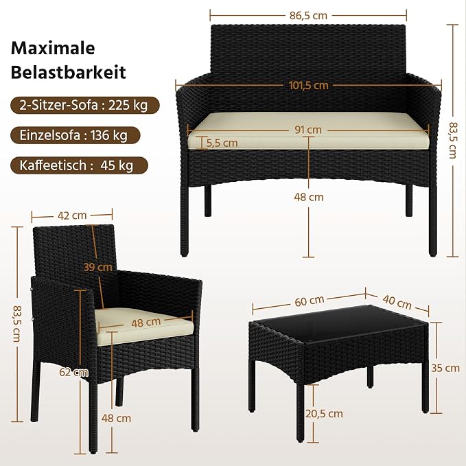 Yaheetech 4-delige Polyrattan Loungeset – 2-Zitsbank, 2 Stoelen & Glazen Tafel – Zwart/Grijs