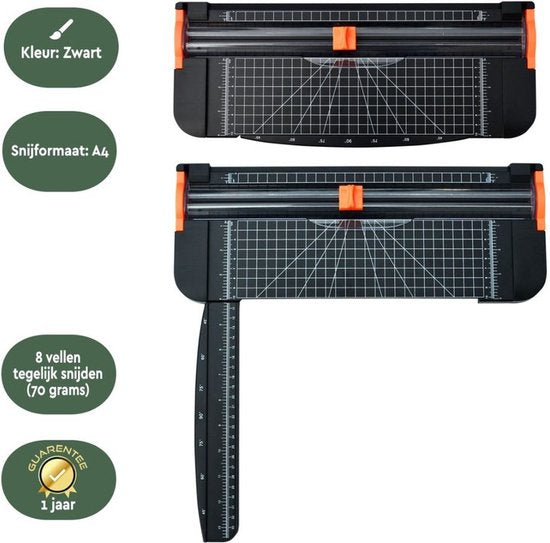 BRASQ Rolsnijmachine A4 Zwart/ Oranje- Papiersnijder met anti slip bodem - Snijmachine- Snijdt tot 8 vel