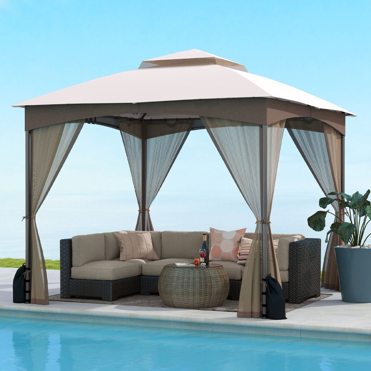 Coast Tuinpaviljoen - dubbel dak - muggennet en zandzakken - khaki 3 x 3 m