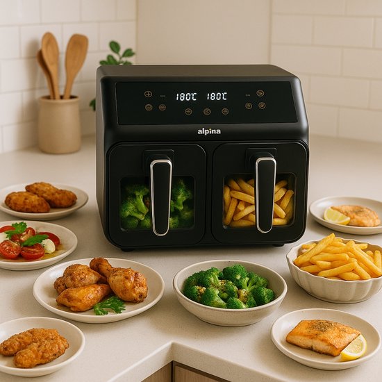 alpina Dubbele Airfryer XXL - Heteluchtfriteuse 2x4L - Air Fryer met Digitaal Touchscreen - Heteluchtoven voor 6 Personen en Meer - 8 Kookprogramma's - Sync-Modus - Timer Functie