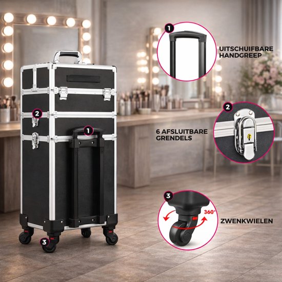 Travli Make Up Trolley - Make up koffer - Kapperskoffer - Beautycase - Cosmetica koffer - 106* 40* 31,5 cm - Zwart