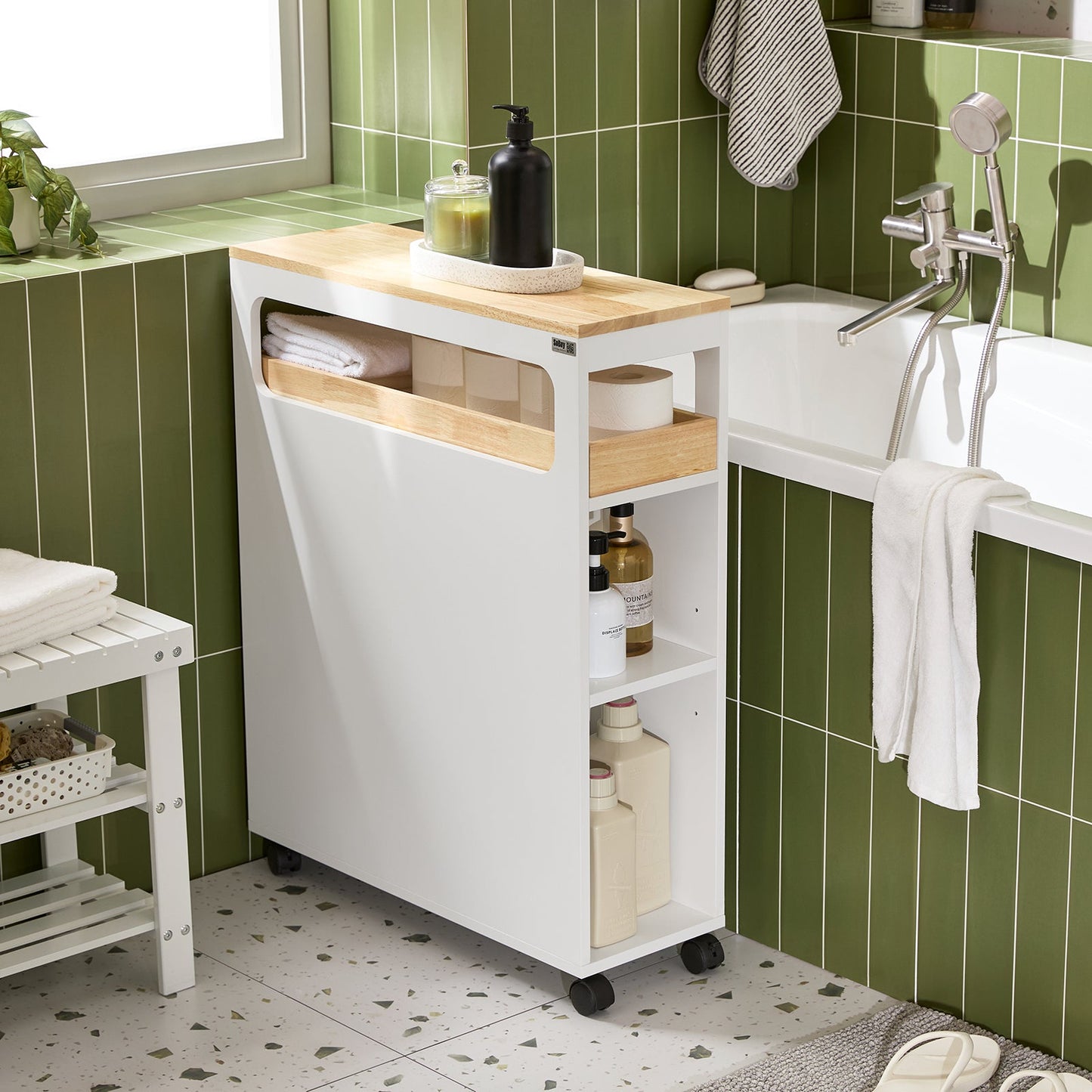 SoBuy BZR54-II-WN Smal Nisrek met 3 Laden, Afneembaar Dienblad en Wielen – 23 x 82 x 65 cm – Wit