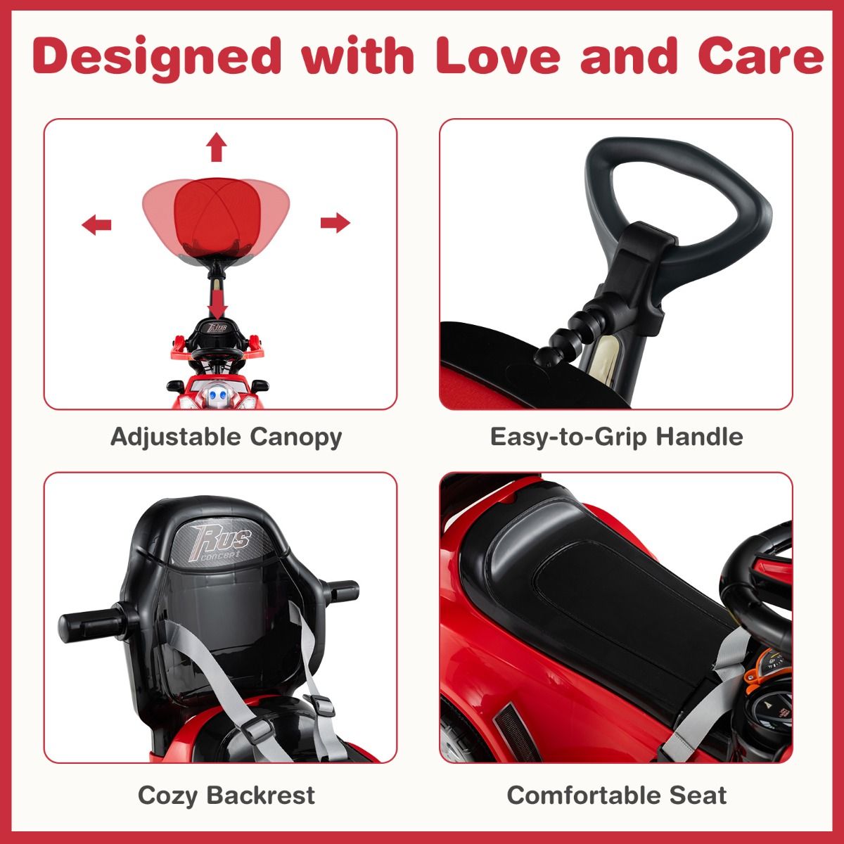 Coast 3-in-1 Loopauto met duwstang - opbergruimte - verstelbare zonbescherming - rood