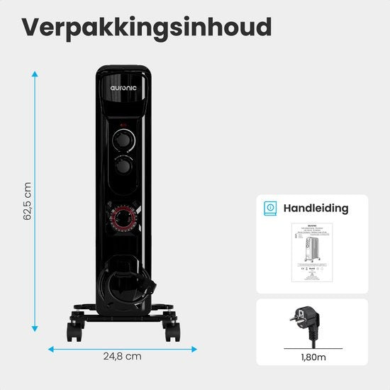 Auronic Olieradiator - Elektrische kachel - Thermostaat - Timer - 3 Standen - tot 1500W Heater - Zwart