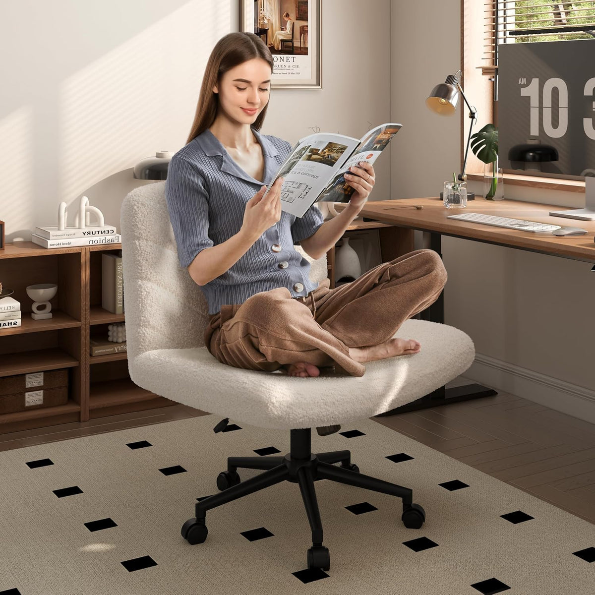 Yaheetech Bureaustoel met Wielen en Brede Zitting 66 × 65 × 92 cm Ivoorwit
