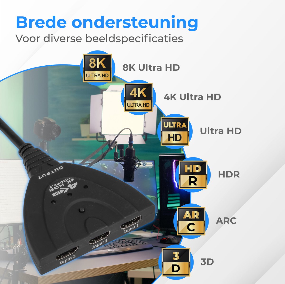 Nuvance HDMI Switch – 3 Ingangen, 4K 60Hz Ondersteuning – 60 cm – Zwart