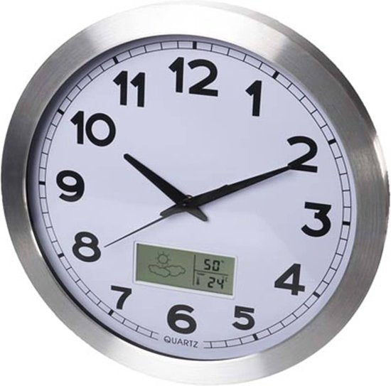 Perel Wandklok, rond, analoog, 35 cm, lcd-scherm met thermometer, hygrometer en weersvoorspelling, aluminium, zilver