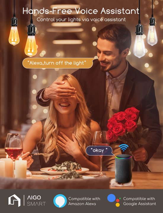 Aigostar 10YIE - ST64 - Slimme verlichting - Lichtbron E27 - Ø 6,4 cm - Appbesturing - Dimbaar - Smart Bulb - 6W