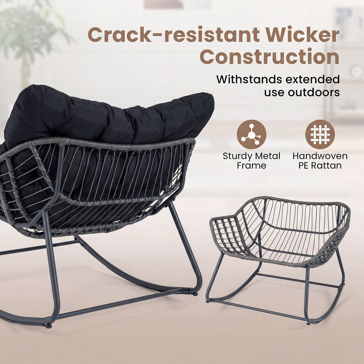 Coast schommelstoel met voetenbank - ergonomisch ontwerp - metalen frame met PE-rattan - zwart