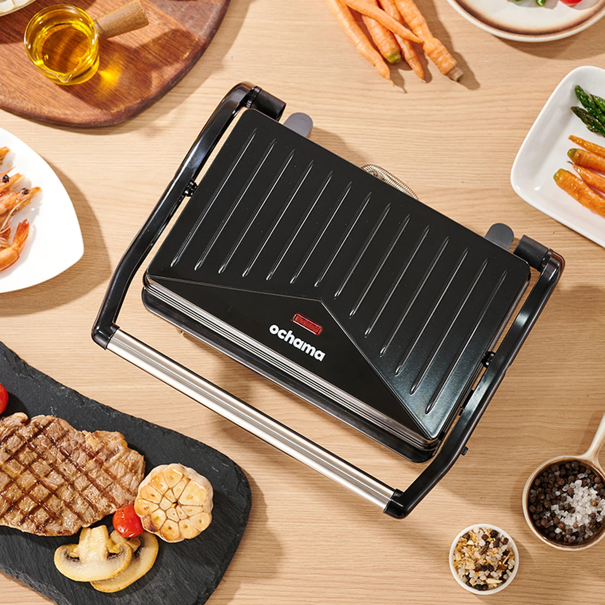 Ochama Contactgrill 800 W - Tosti- en Paninigrill - Antiaanbaklaag - Dubbelzijdige Verwarming - Bakplaten 22,5 x 14 cm