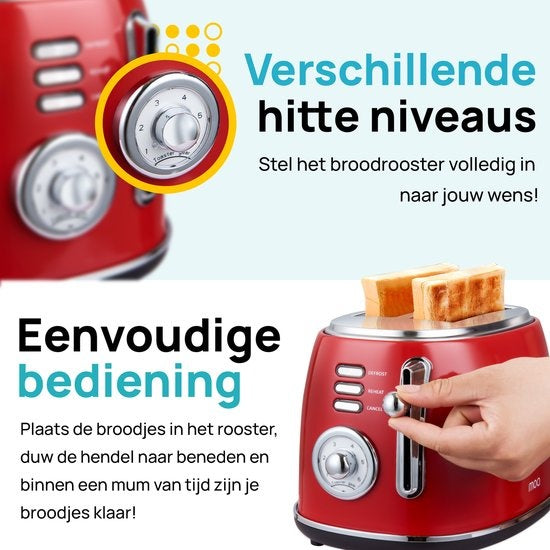 MOA Retro Broodrooster - 6 Warmteniveaus - 2 Extra Brede Sleuven - 850W - Reheat en Ontdooi-functie - Rood - T3R