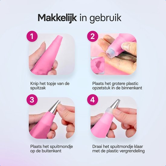 Spuitzak met spuitmondjes | Herbruikbaar | 6 spuitmondjes | roze