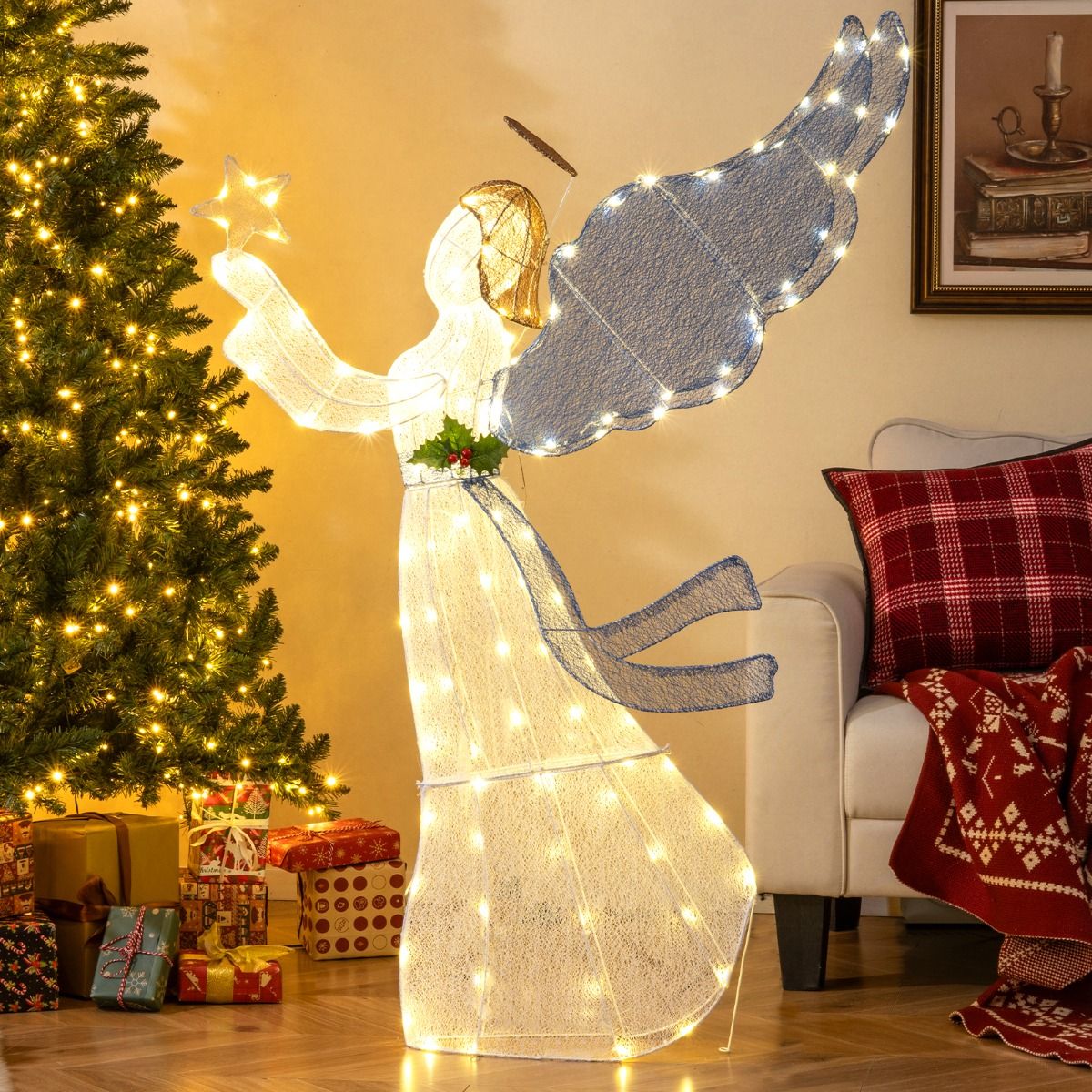 Coast 152 cm Verlichte Kerstengel – 3D Engel met Ster, Vleugels & Warmwitte LED-Lichtjes – Voor Binnen & Buiten