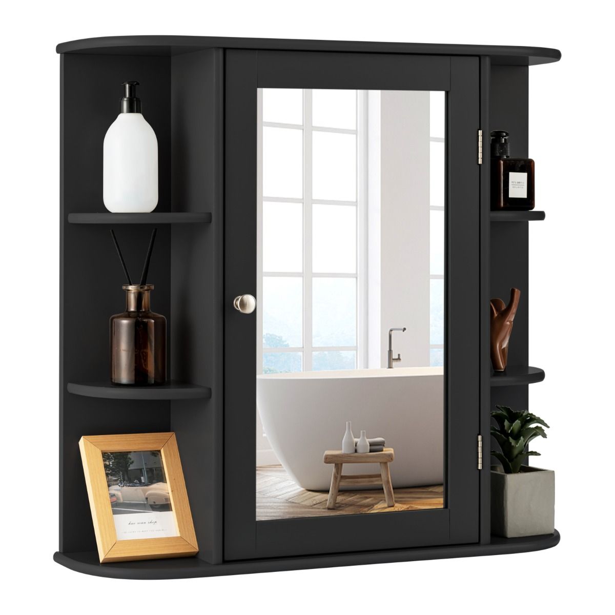 coast Spiegelkast Badkamer – 66×17×62 cm – Zwart – Wandkast met Spiegeldeur & Open Planken