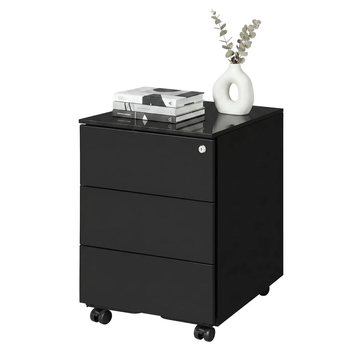 Ochama Matte Black Lockable Mobile File Cabinet – 3 Drawers, Pre-Assembled, Holds Documents & Stationery, 39 x 45.1 x 53.8 cm – Compact Storage for Office or Home Office