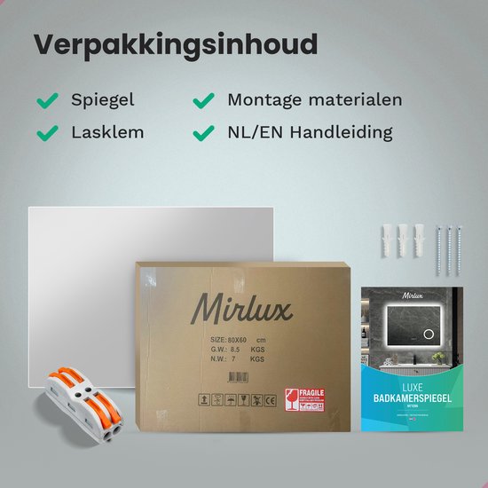Mirlux Badkamerspiegel met LED Verlichting & Verwarming – Rechthoekige Wandspiegel – Anti Condens Douchespiegel - 80x60CM