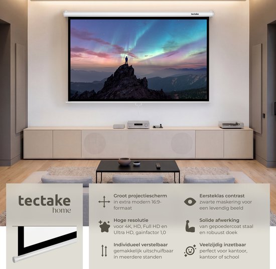 tectake® Beamer Scherm - 72 Inch (183 cm) - 16:9 Projectiescherm - Wand of Plafond Montage - 4K HD - Oprolbaar - Uittrekbaar - Projectiedoek - Presentatiescherm - Home Cinema - Inclusief Montagemateriaal