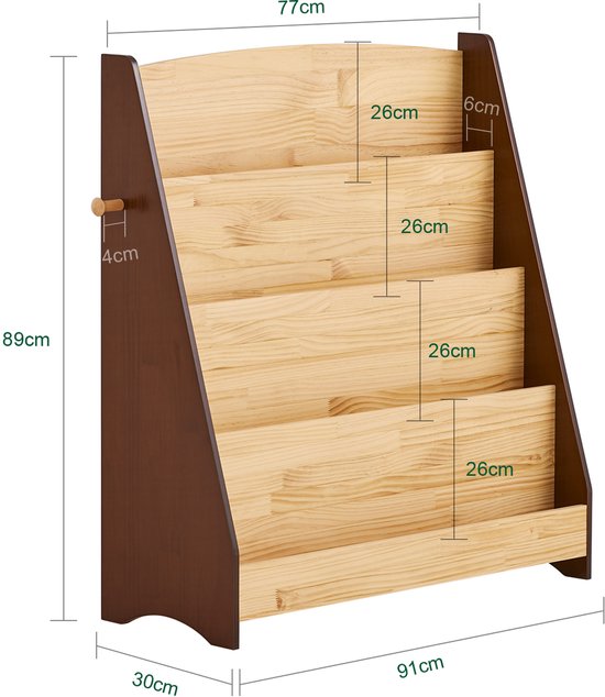 SoBuy KMB32-N Boekenkast voor kinderen, speelgoed, boekenkast, 4 niveaus, met 2 haken, boekenrek, opbergkast, slaapkamer, kantoor, woonkamer, natuur, 91 x 30 x 89 cm
