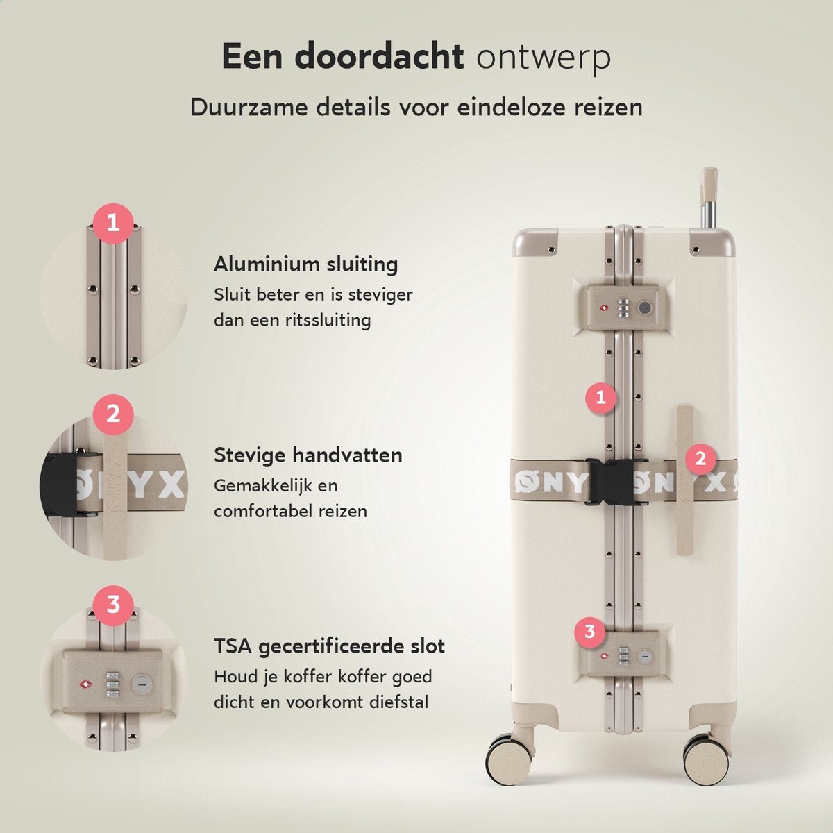 ONYX 3-delige Kofferset - Handbagage en Check-in koffer - 33L/65L/100 L - TSA slot - Spinner wielen - Lichtgewicht Trolley - Aluminium sluiting - Beige