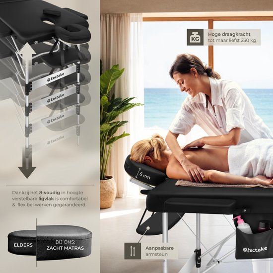 tectake® 3 Zones massagetafel - Behandeltafel incl. draagtas - 5 cm dikke vulling - Aluminium frame - 78 cm breed - 230kg draagvermogen - Incl. 15 hoofdsteundoekjes - Zwart